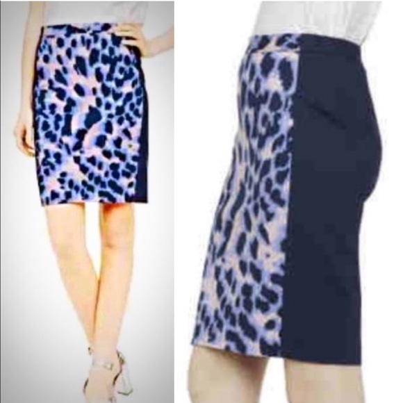 Club Monaco Leopard Print Pencil Skirt Navy Blue Periwinkle Pink - Picture 5 of 5